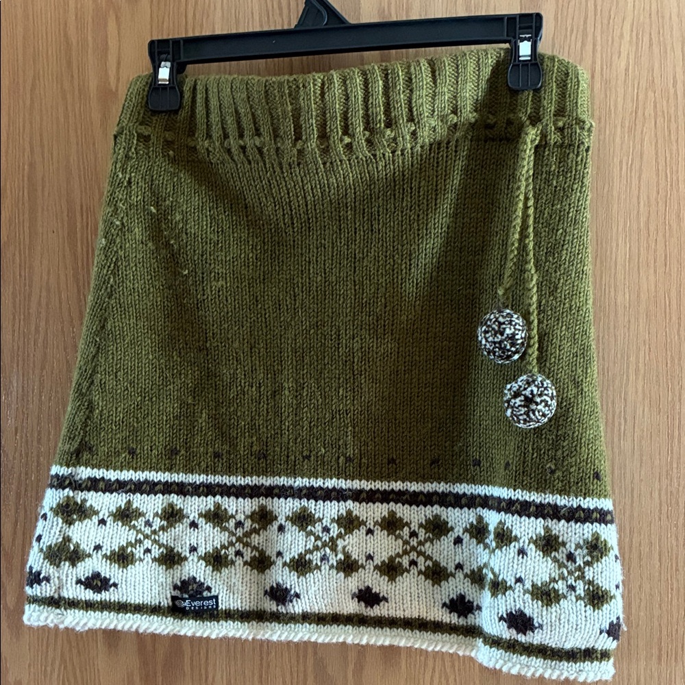 Olive Green Knit Mini Skirt with Fair Isle Hem